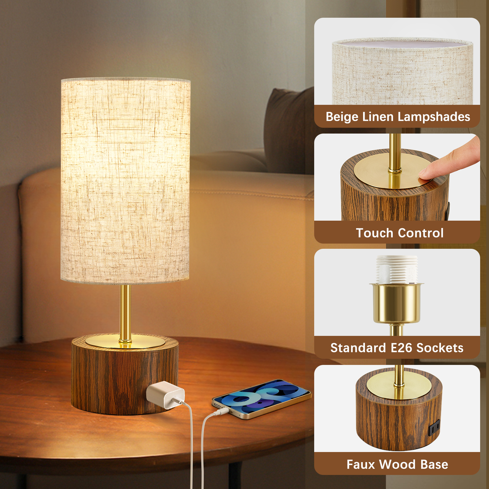 Natyswan Set of 2 Touch Table Lamps with USB, Beige photo 6