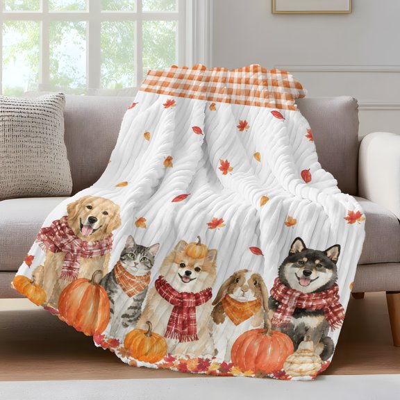 Cut Pets Fall Fleece Throw Blanket for Couch, Orange Checked Maple Leaves Thanksgiving Microfiber Flannel Blanket for All Season, Lightweight Soft Throw Blankets for Bed, Sofa, Travel, 50"x60"
