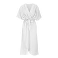thumbnail image 3 of LOVZFMLL Women's Casual Solid Color Lace Up Irregular Long Dress White L, 3 of 5