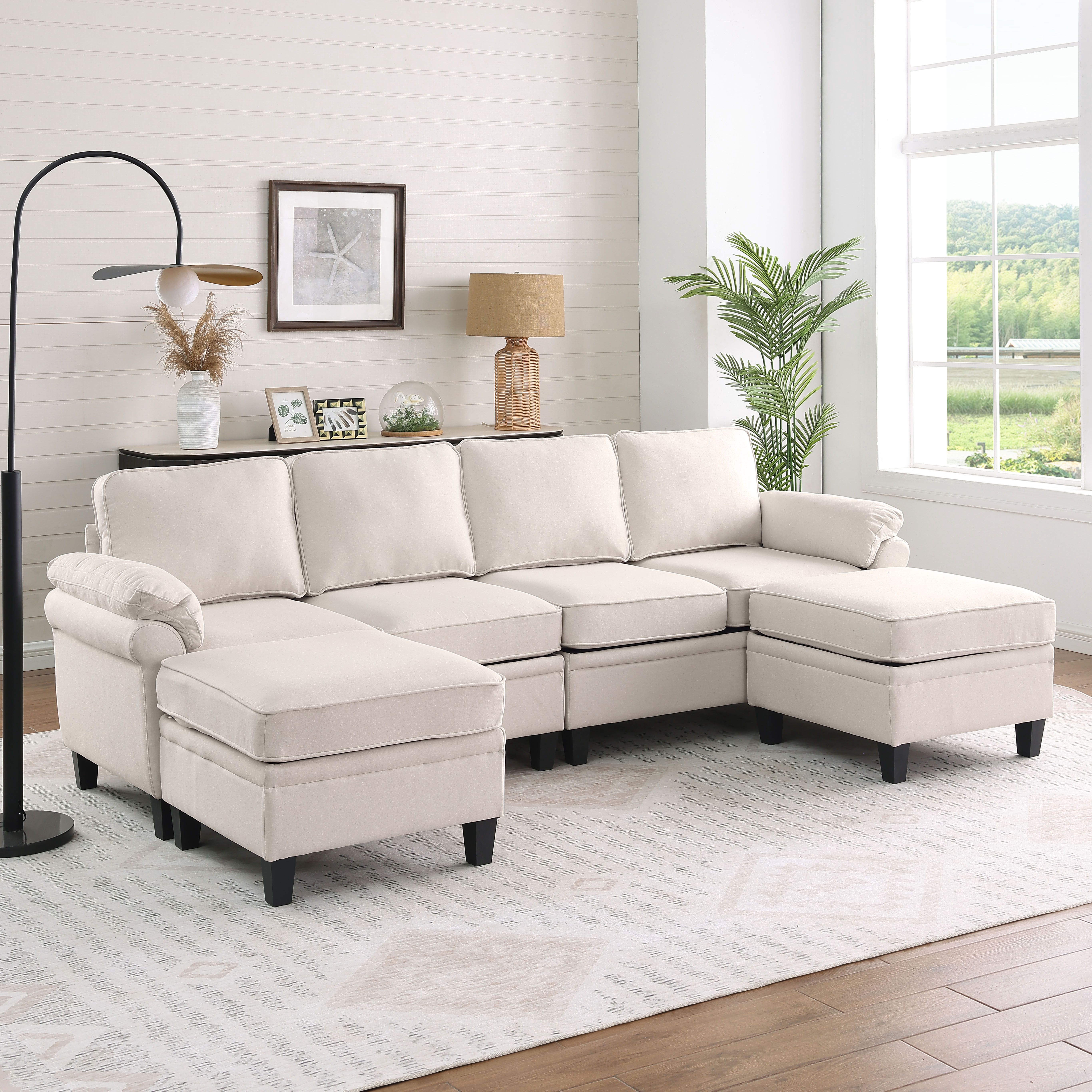 MAYEERTY 102 Inch Linen Modular Sectional Sofa, DIY Convertible Combination Sofa Couch with Storage Ottomans, for Living Room, Apartment