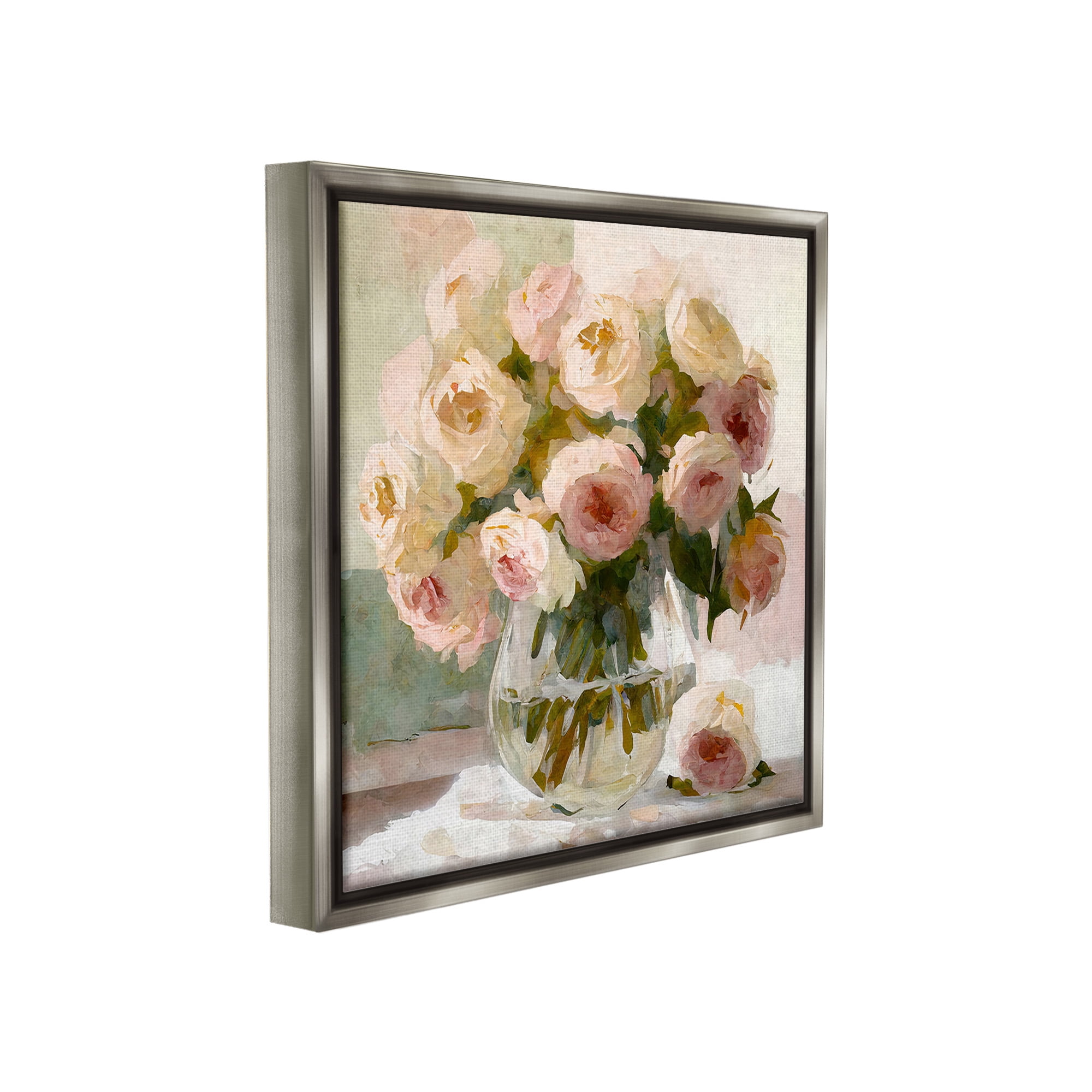 Stupell Industries Full Rose Blossoms Botanical & Floral Painting Gray Floater Framed Canvas Art Print Wall Art, 25 x 25