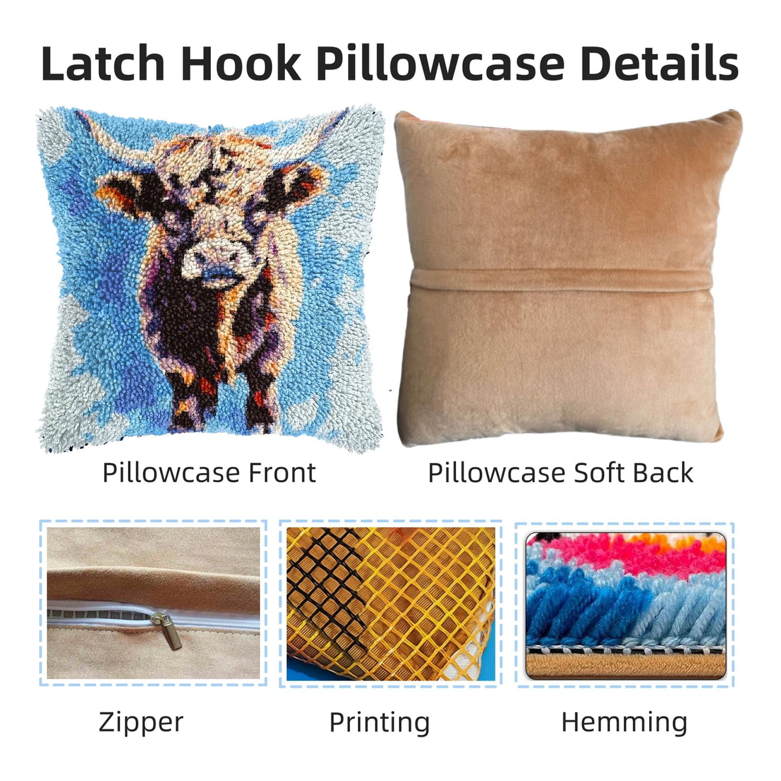 Cute Highland Cattle in Sky DIY Latch Hook Pillow Kits for Adults Printed Pillowcase Crochet Yarns Hooking Handmade Pillow Cover Cushion for Home Sofa Decoration 17x17inch