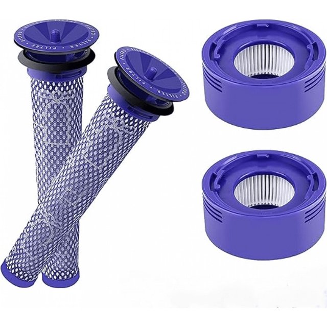 V7 V8 Filter for Dyson, 4Pack Replacement Filters for Dyson vacuums, featuring 2 HEPA post-filters and 2 pre-filters in purple. Designed for models like Dyson V7 Animal, V8 Absolute, and Motorhead vacuums, ensuring efficient air filtration and compatibility.