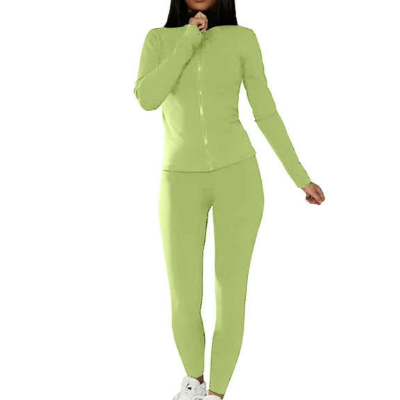 WCJM Green 2 Piece Sets For Women Slim Zipper Solid Color High Collor Top And Tight Pants Matching Set
