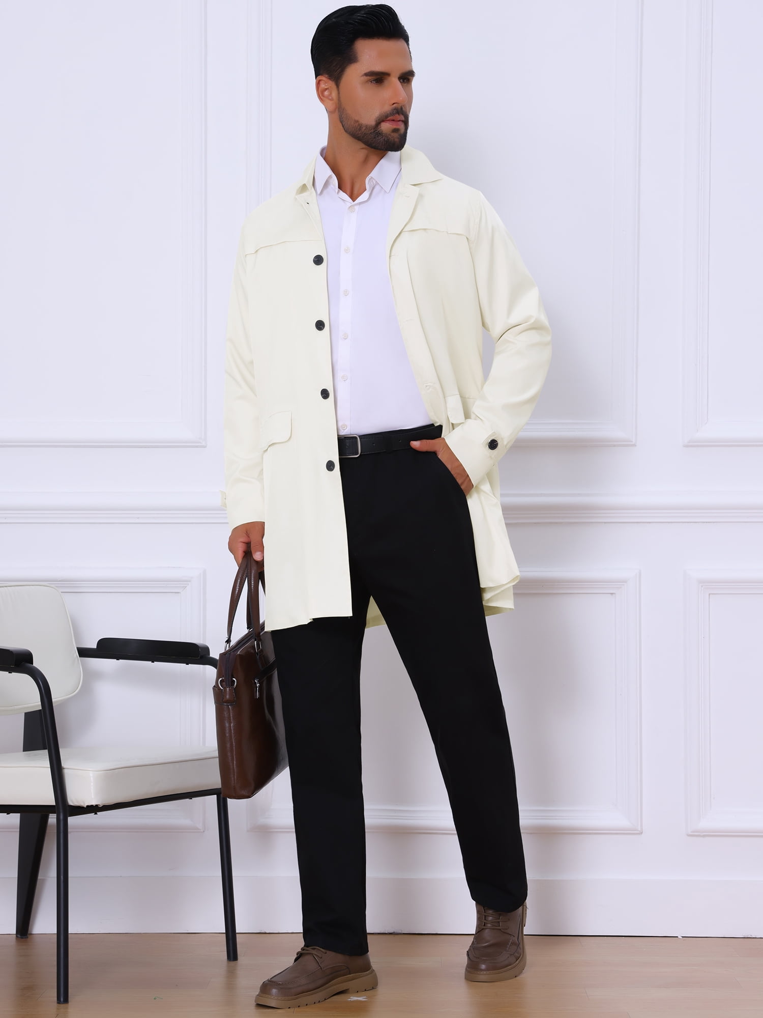 DARING DIVA Men's Trench Coat Lightweight Single Breasted Jacket Overcoat S White