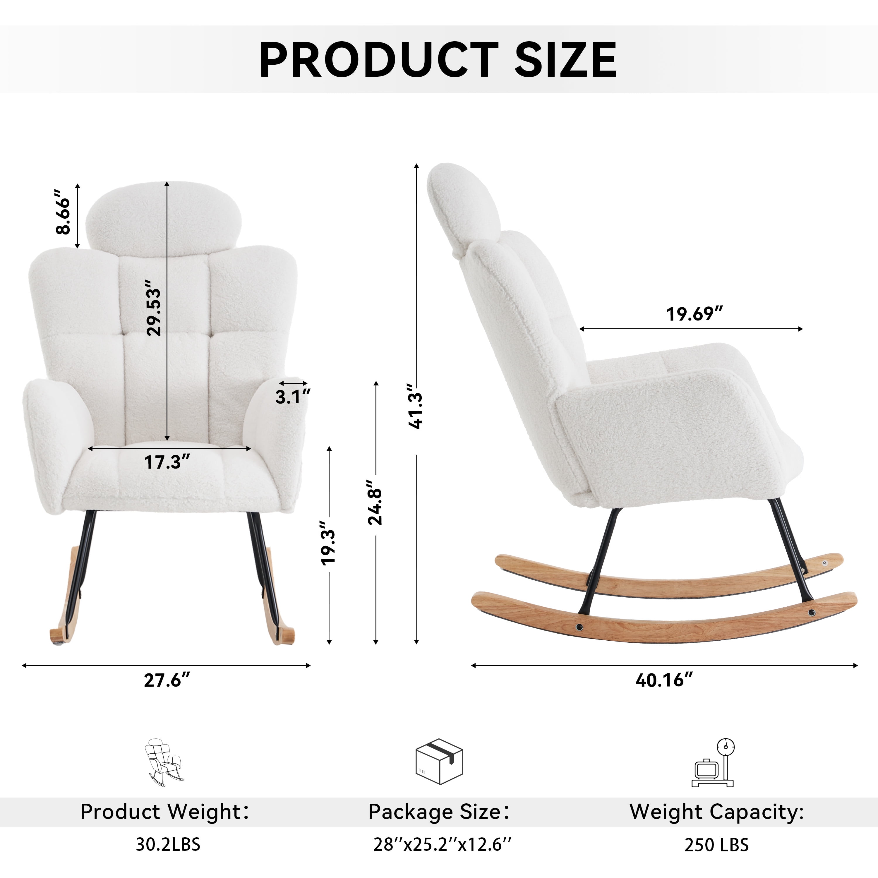 Teddy Fabric Rocking Chair, Upholstered Glider with Headrest Pillow and Solid Wood Base, High Backrest for Nursery and Bedroom, Ivory