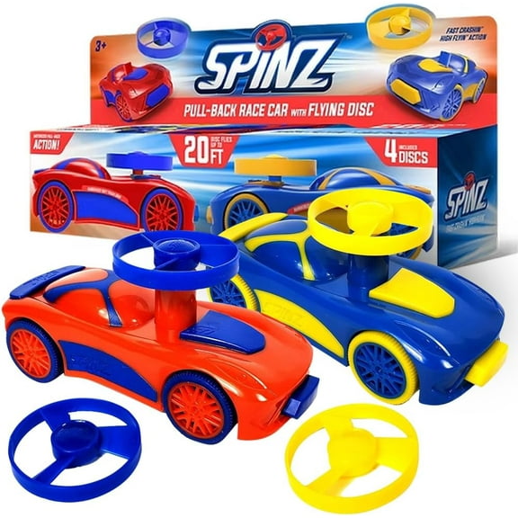 2 Pack Spinz Race Cars with Flying Disc Launchers, Pull Back Bumper Toy Racer, Kids, Boys, Girls Gift, Blue/Red & Blue/Yellow, Ages 3