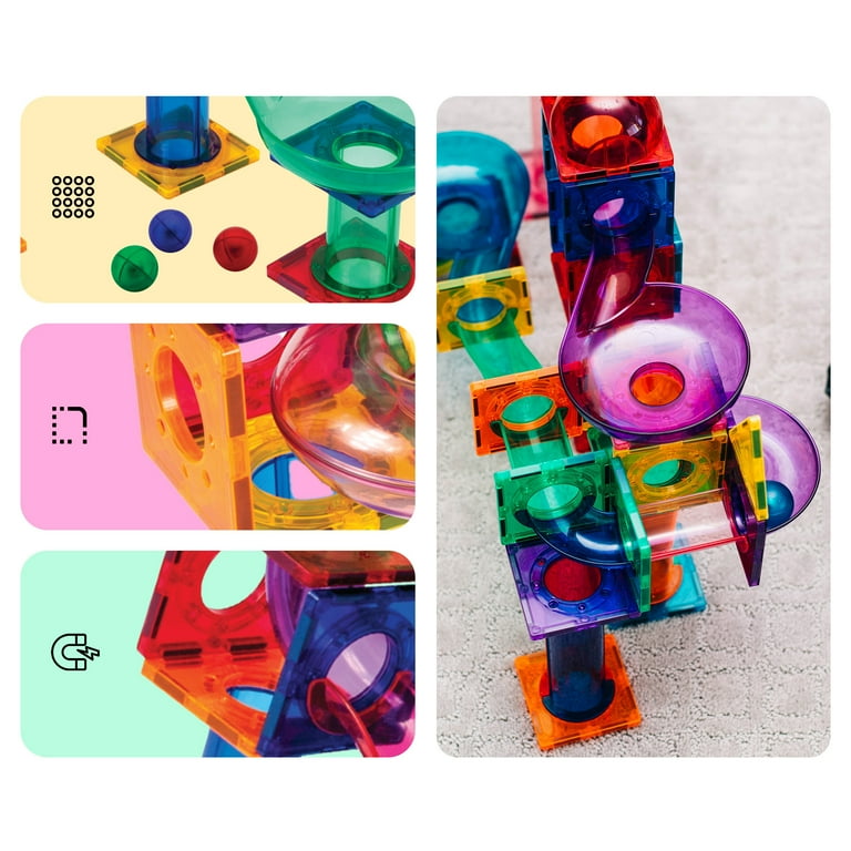 PicassoTiles Marble Run 50-Piece Magnetic Tile Racetrack Toy Play Set STEM Building & Learning Toys, Educational Magnet Construction, Child Brain Development Kit Boys Girls