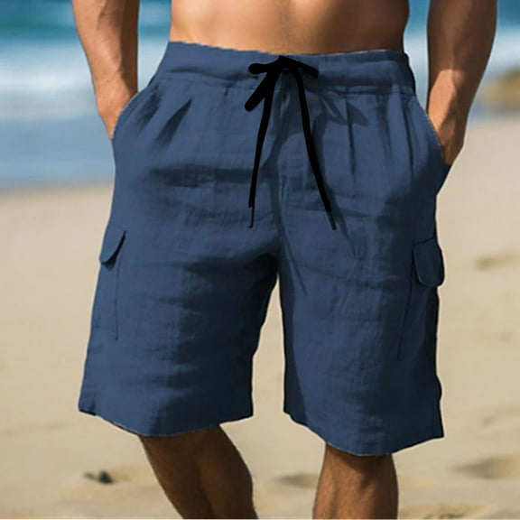 qolati Men's Cotton Linen Shorts Elastic Waist Drawstring Casual Board Shorts Lightweight Summer Beach Shorts with Pockets Navy M