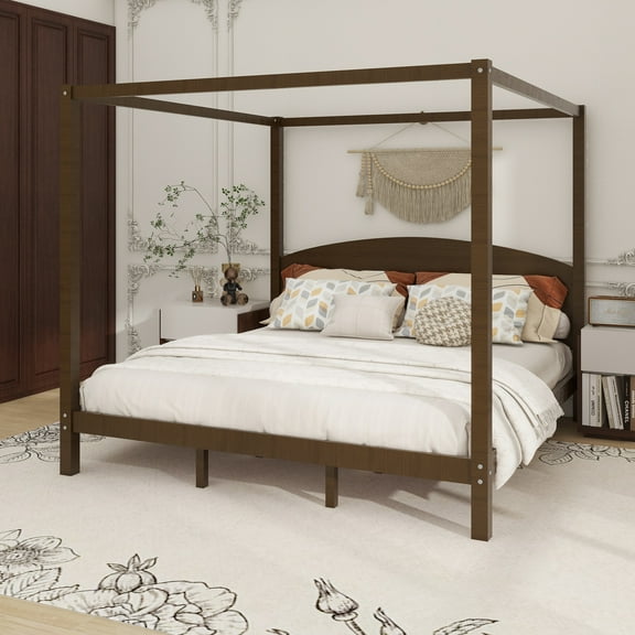 King Size Canopy Platform Bed with Headboard and Support Legs, Brown Wash