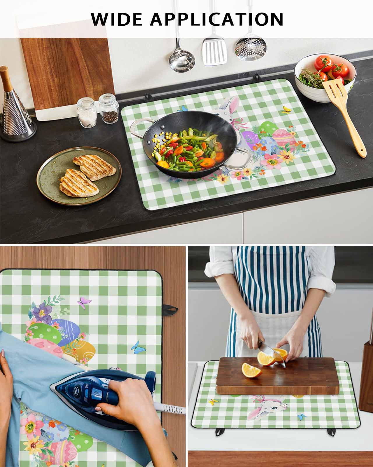 Large Induction Cooktop Protector Mat Easter Stove Top Covers for Electric Stove, Spring Watercolor Bunny Eggs Butterflies Green Plaid Decorative Stove Burner Cover Mats, Glass Top Stove Cover