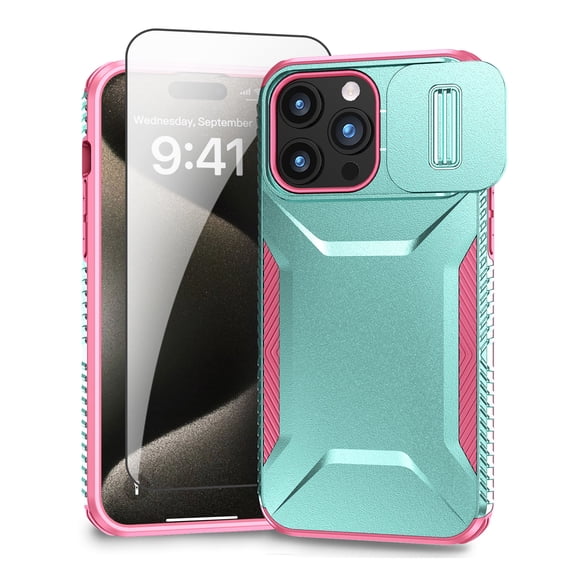 Allytechgroup iPhone 15 Pro Case with Screen Protector, Rugged Hybrid TPU PC Back Hard Shell Cover Anti-Scratch Sliding Camera Lens Protector Phone Case for Apple iPhone 15 Pro, Green