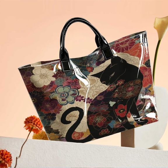 Vintage Japanese Style Black Cat Floral Tote Bag for Women, Large Capacity Top Handle Handbag, Cat Lover Purse for Shopping Commute Travel & Holiday Gift