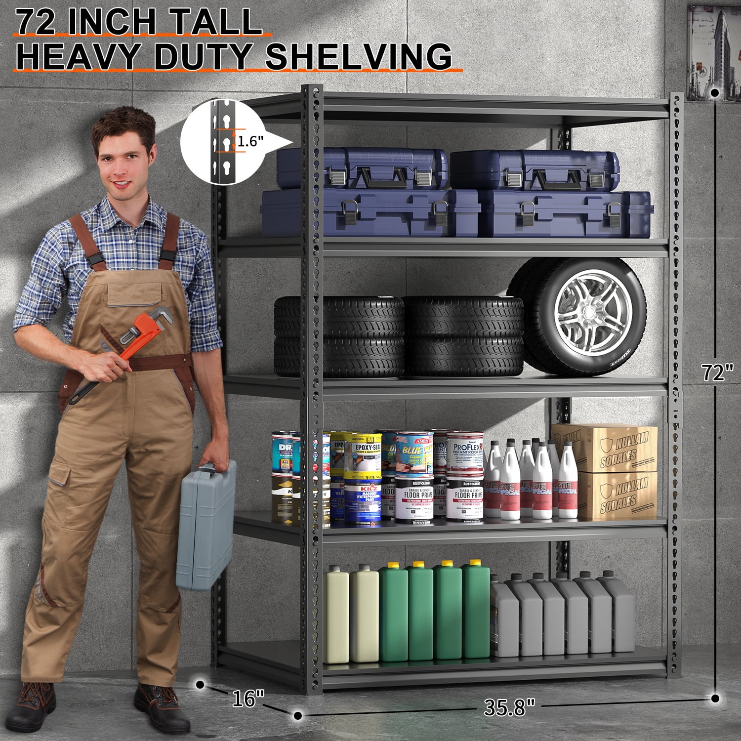 MOPHOTO 2 Pack Adjustable 5 Tier Garage Shelving Heavy Duty Support 1100lbs, 36" L x 16" W x 72" H Metal Shelves for Storage, Garage Storage Shelves
