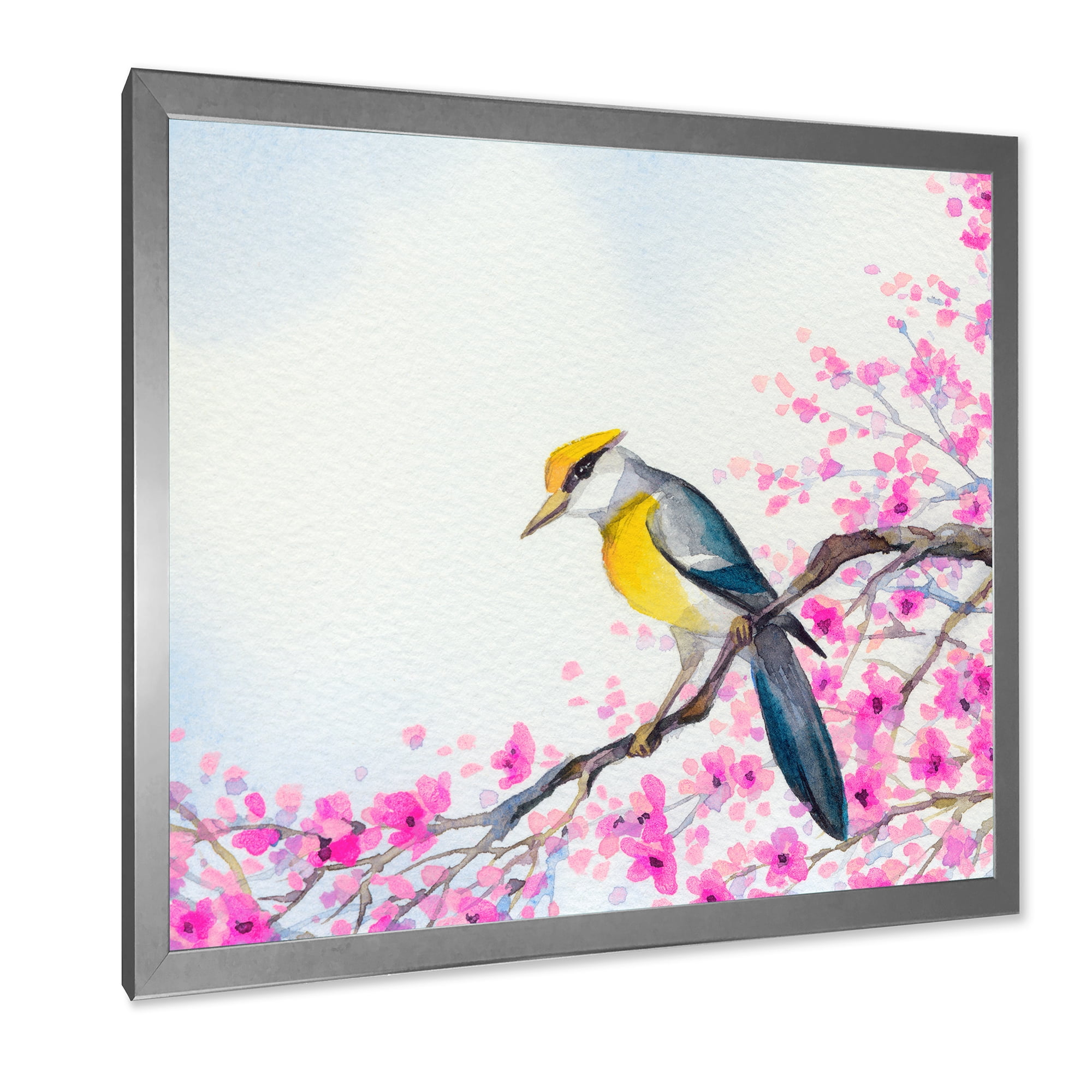 Beautiful Bird Sitting On Flowering Branch 16 in x 16 in Framed Painting Canvas Art Print, by Designart