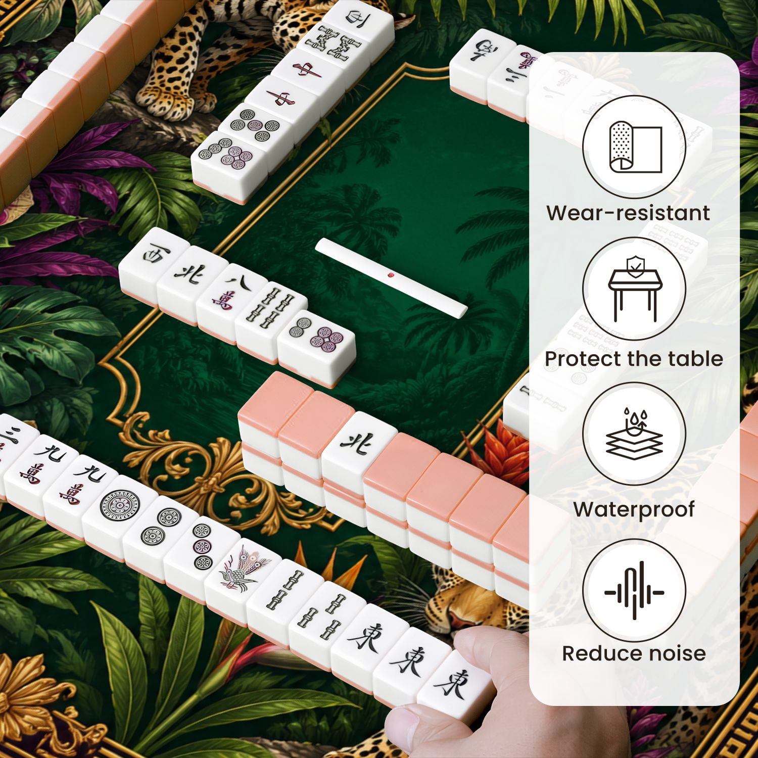 Mahjong Mat 31.5" x 31.5" Jungle Leopards Tropical Flowers Green Foliage Non-Slip Noise Reduction Mahjong Tiles Table Cover for Dominoes Poker Card Board and Tile Games