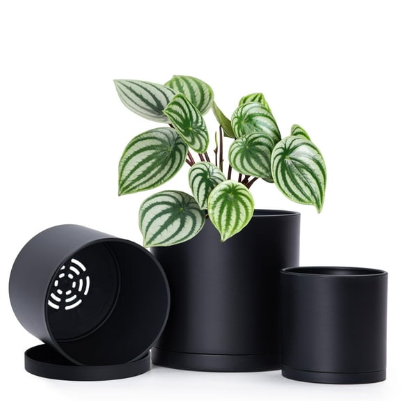 Set of 3 Small Plastic Plant Pots with Drainage Holes and Saucers, 4 5 6 Inch Modern Planter for Indoor Outdoor Plants, Black