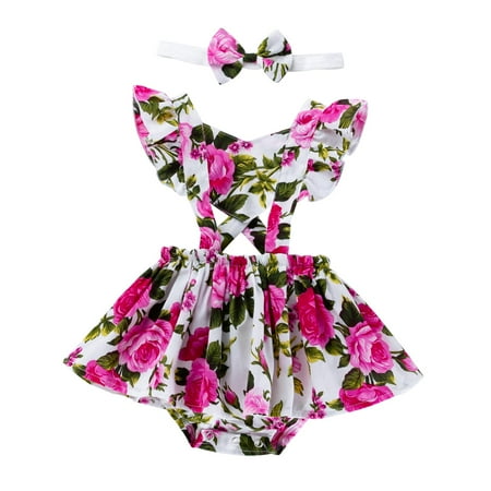 

Newborn Baby Girls Summer Romper Floral Printed Ruffled Fly Sleeve Hollow Out Jumpsuit+Bow Headband