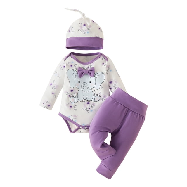 Gibobby Conjunto de ropa de bebé con estampado de animados de manga larga para niñas pequeñas, pantalones, diademas, trajes(Morado,3-6 Meses)