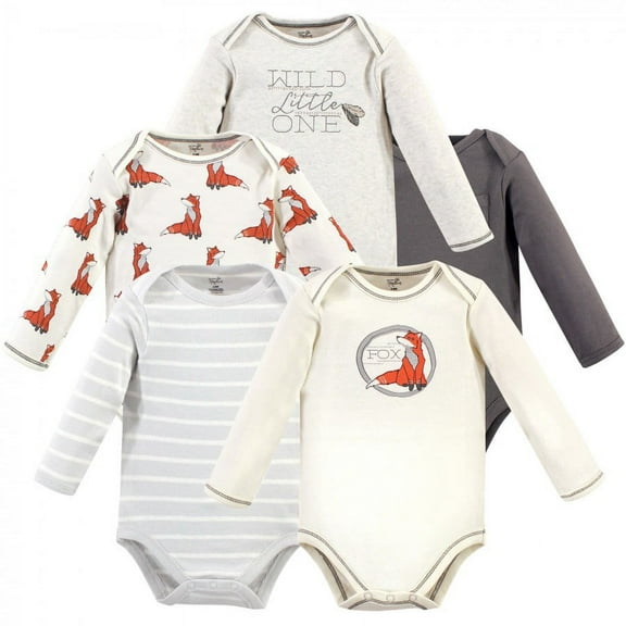 Touched by Nature Baby Boy Organic Cotton Long-Sleeve Bodysuits 5pk, Boho Fox, 0-3 Months