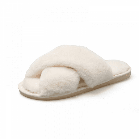 

Wish Women s Fuzzy Slippers Cross Band Soft Plush Cozy House Shoes Furry Open Toe Indoor or Outdoor Slip on Warm Breathable Anti-skid Sole S2867
