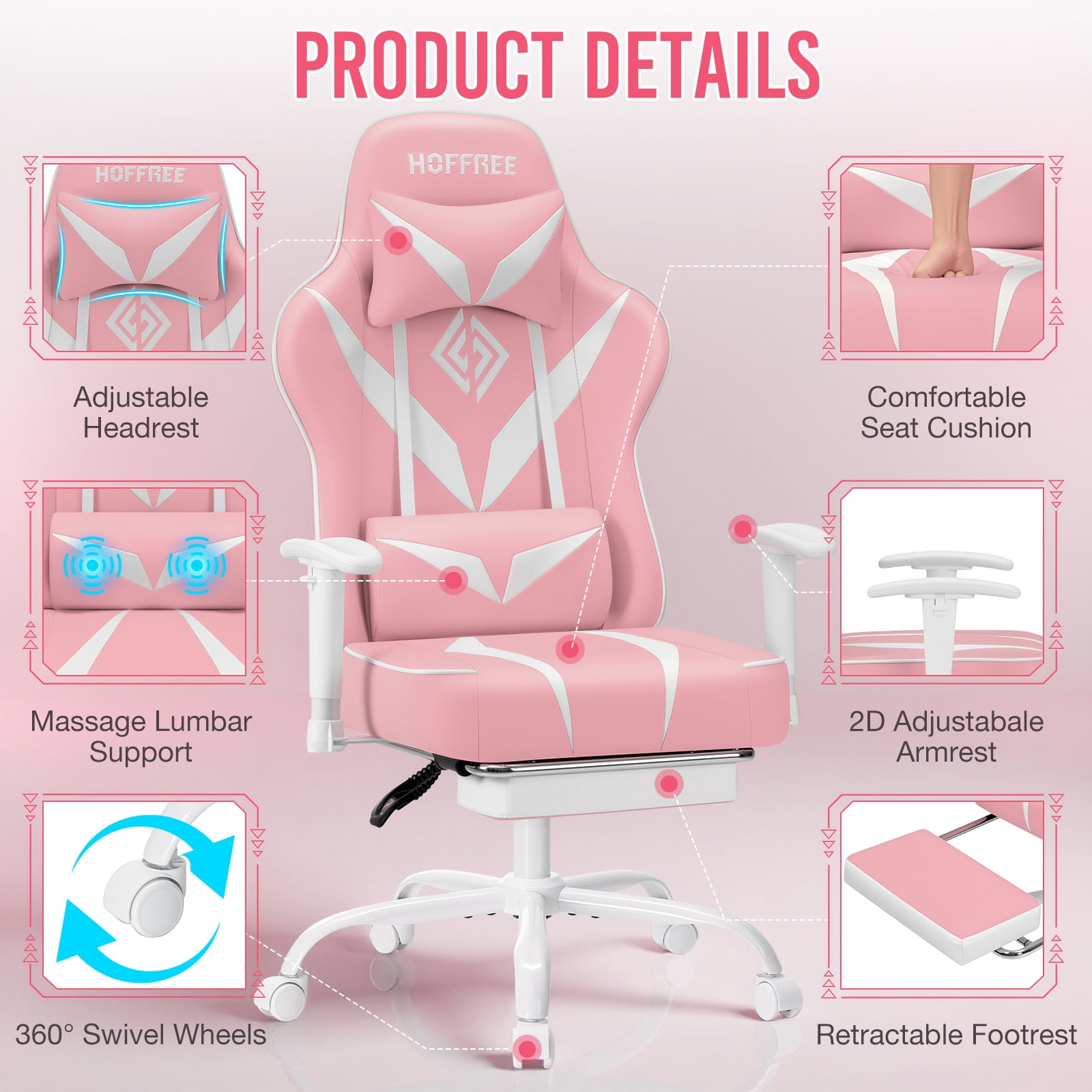 HOFFREE Massage Gaming Chair with Footrest, Big and Tall Gamer Chair with Headrest, Reclining Ergonomic Game Chair with Lumbar Support for Adults