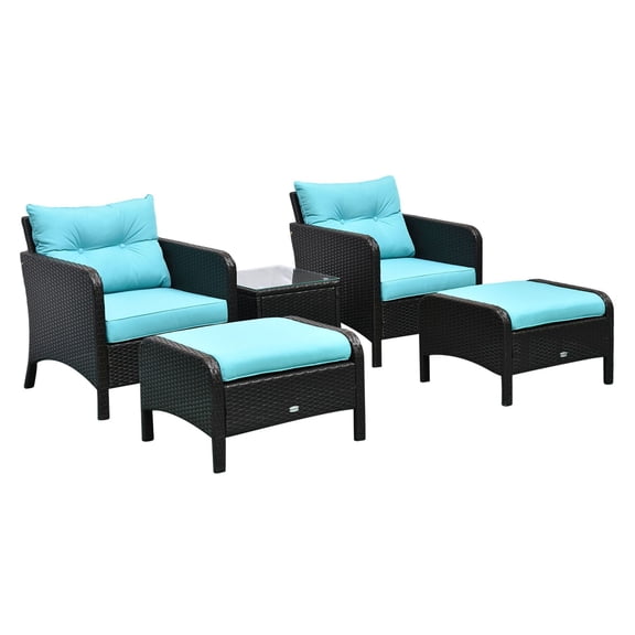 Rattan Patio Furniture Set 5 Pieces Outdoor Conversation Set with Cushions & Table - Blue Wicker Lounge Chairs, Ottomans, Tempered Glass Coffee Table