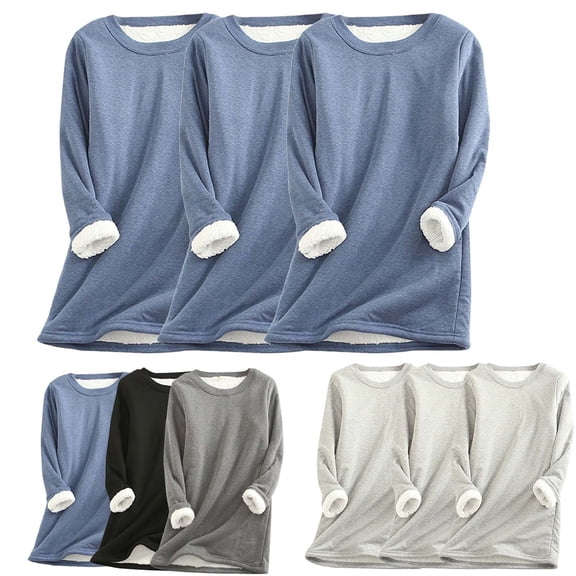 ATOYSOY Women's Casual Fuzzy Shirts 3 Pack Plus Size Fleece Basic Tops Long Sleeve Thicken Tees Fall Winter Warm Solid Color Pullover Crew Neck Sweatshirts Outwear Blue L