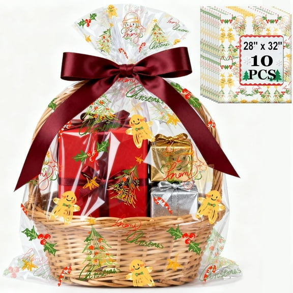 DELUXIS 10 PCS Clear Cellophane Bags with Christmas Designs, 28'' x 32'' Large Gift Baskets Bags, Clear Cellophane Wrap Plastic Storage Bags for Christmas Gifts, Baskets, Boxes, Favors, 2.5 Mil Thick