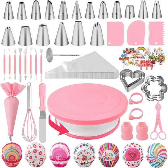 BAKIBO 285 Pcs Cake Turntable Set Baking Supplies Cake Turntable, Cake Tools for Beginners and Pros,Pink