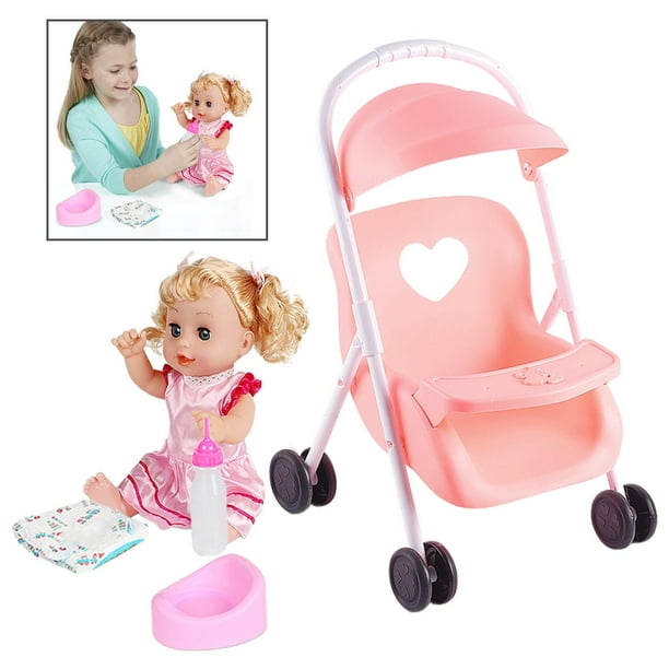 Conjunto de Coche de Muñeca Hugo Muñeca Niña Con Cochecito Rosado