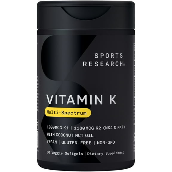 Sports Research® Vitamin K Multi-Spectrum Supplement - K1 K2 Supports Bone & Vascular Health (60 Veggie Softgels)