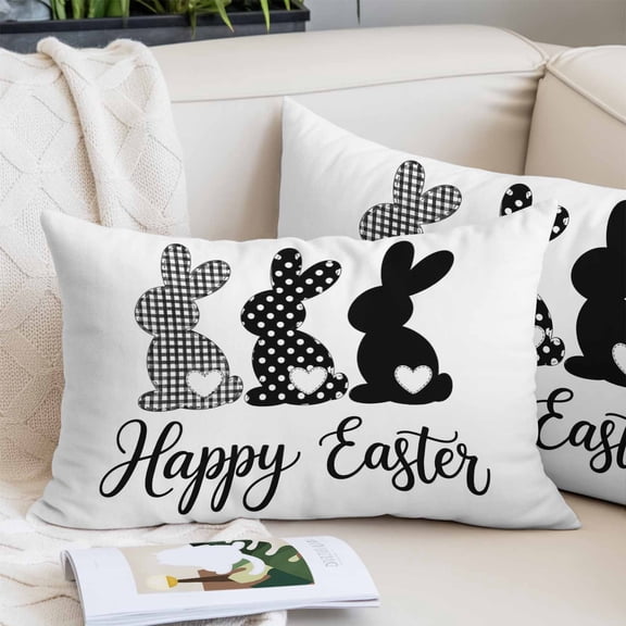 Happy Easter Rabbits Pillow Covers Queen, Black Plaid Polka Dots Rabbits Spring Soft Brushed Microfiber Breathable Throw Pillow Covers, Pillowcase with Zipper for Couch Sofa Bedroom 20"x30"