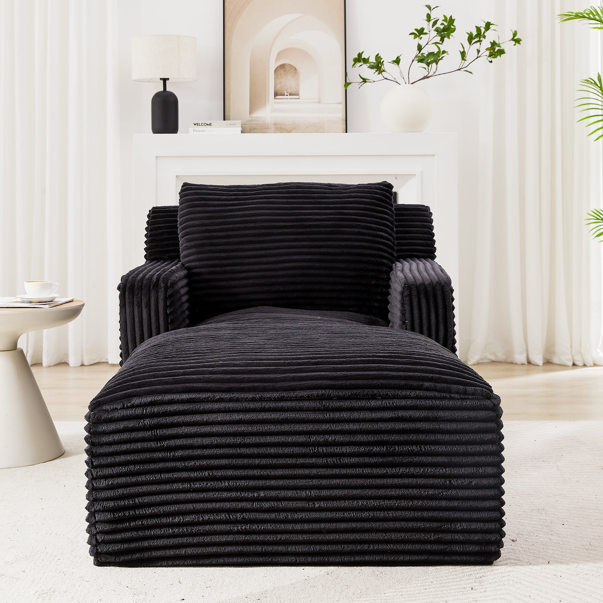 MAYEERTY Corduroy Single Chaise Lounge Sofa, Modern Comfy Sleeper Couch for Apartment, 65×39" Black