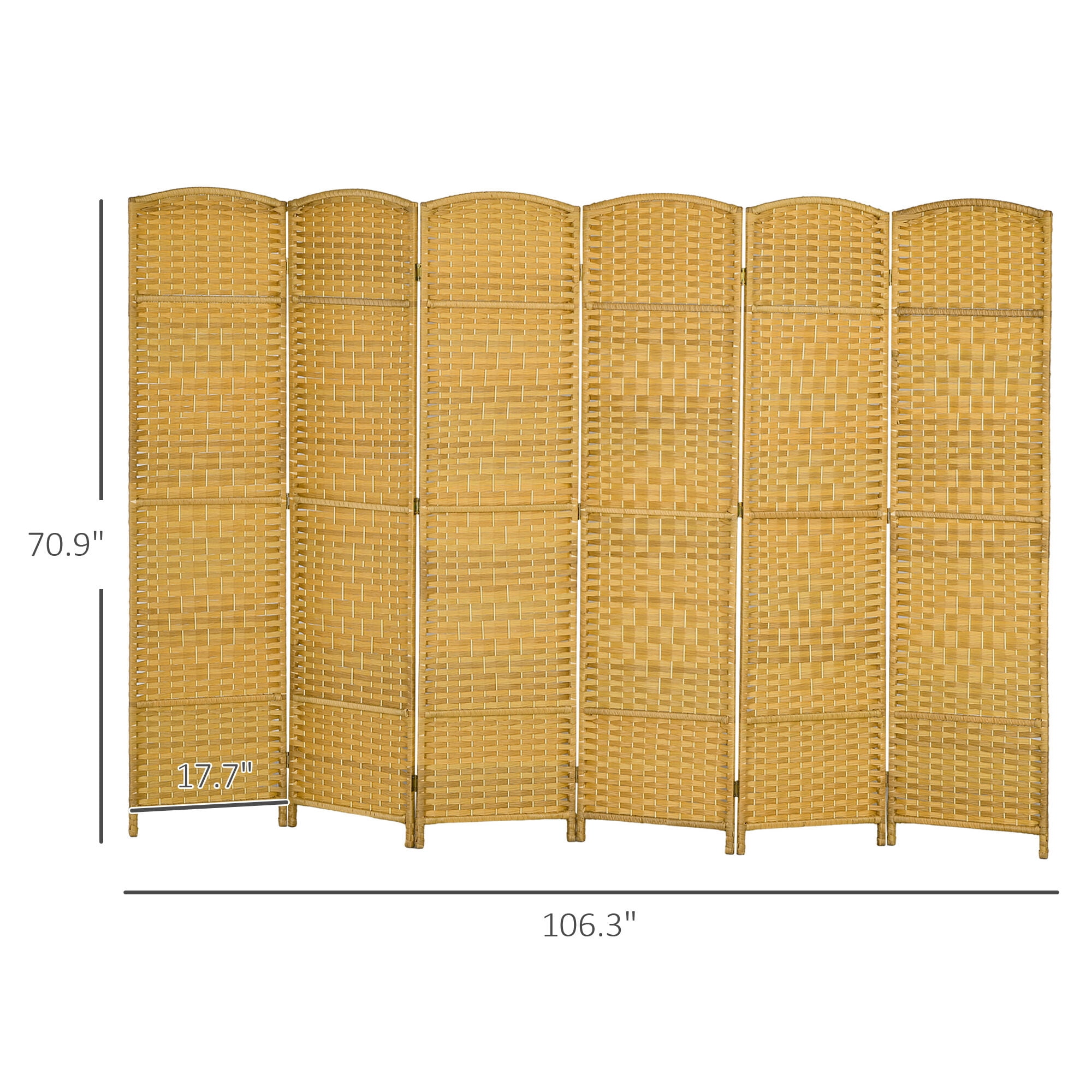 Privacy Screen HOMCOM 6 Panel Room Divider, 6' Tall Folding Privacy Screen, Hand-Woven Freestanding Wall Partition for Home Office, Bedroom, Nature Wood,Outdoor Privacy Screen