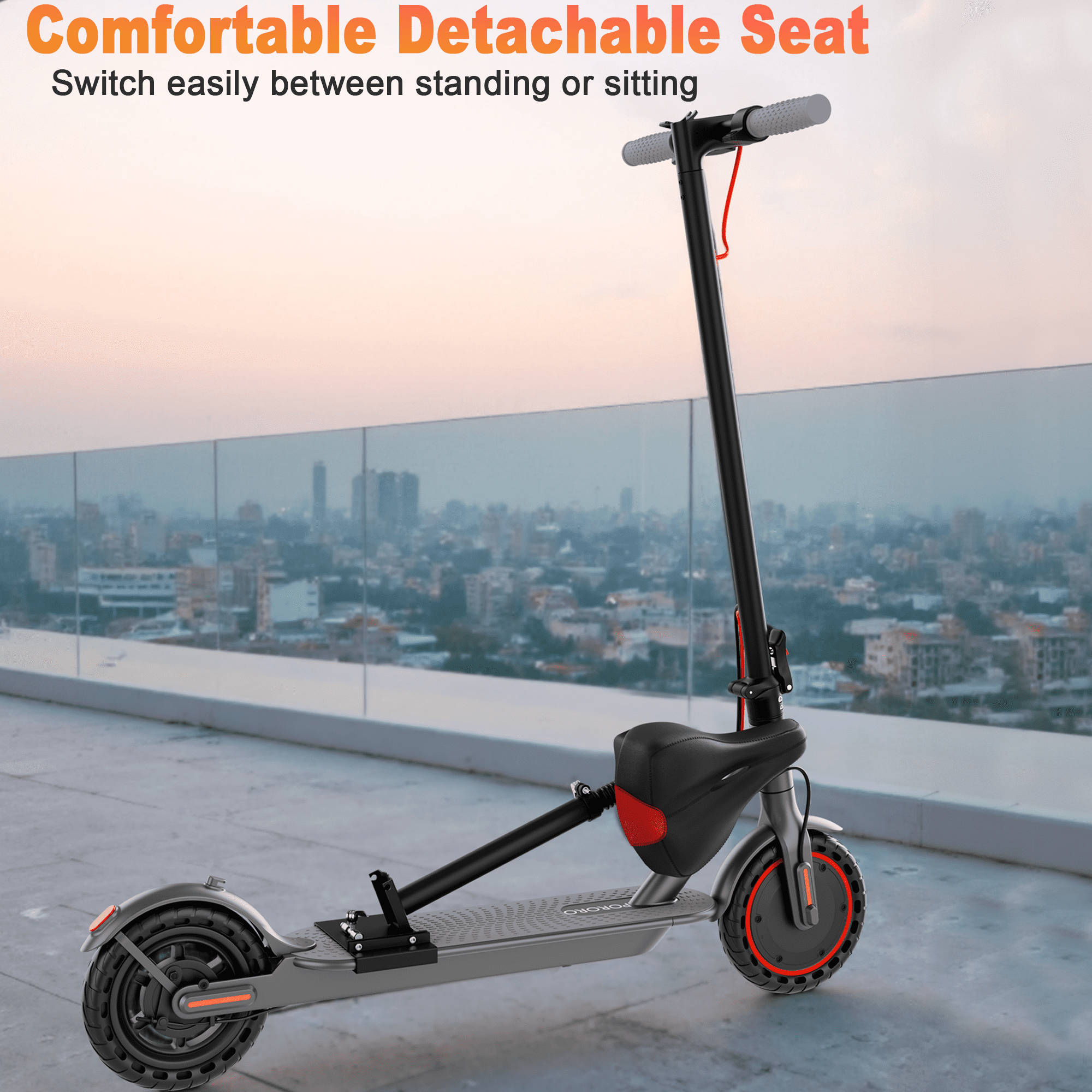 PORORO Electric Scooter with Seat, 8.5" Folding Commuter E-Scooter for Adults, 350W Motor, 16MPH & 10-15Mile Range
