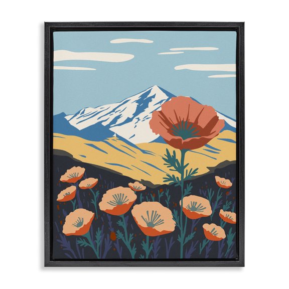 Stupell Industries Mid-Century Poppy Blooms Mountain Landscape Black Floating Frame Canvas Art, 25 x 31, by Ziwei Li