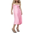 thumbnail image 2 of PENGXIANG Été Soie Robe Femmes Solide V Cou Satin Manches Longues Robes Spaghetti Sangle Vêtements Rose L, 2 of 8