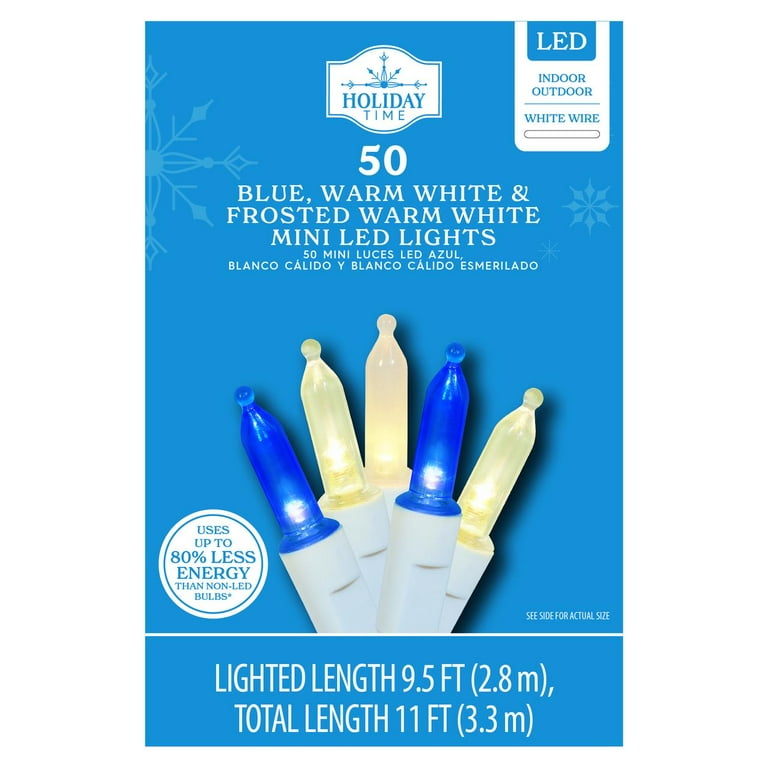 50 Count Blue Warm White Frosted White LED Mini Christmas Lights with White Wire 11 Holiday Time