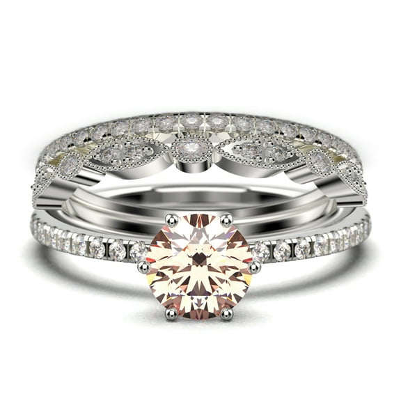 Beautiful Art Deco 2.25 Carat Round Cut Morganite And Diamond Moissanite Engagement Ring, Wedding Ring, Two Matching Band in 925 Sterling Silver With 18k White Gold Plating Gift For Her, Promise Ring