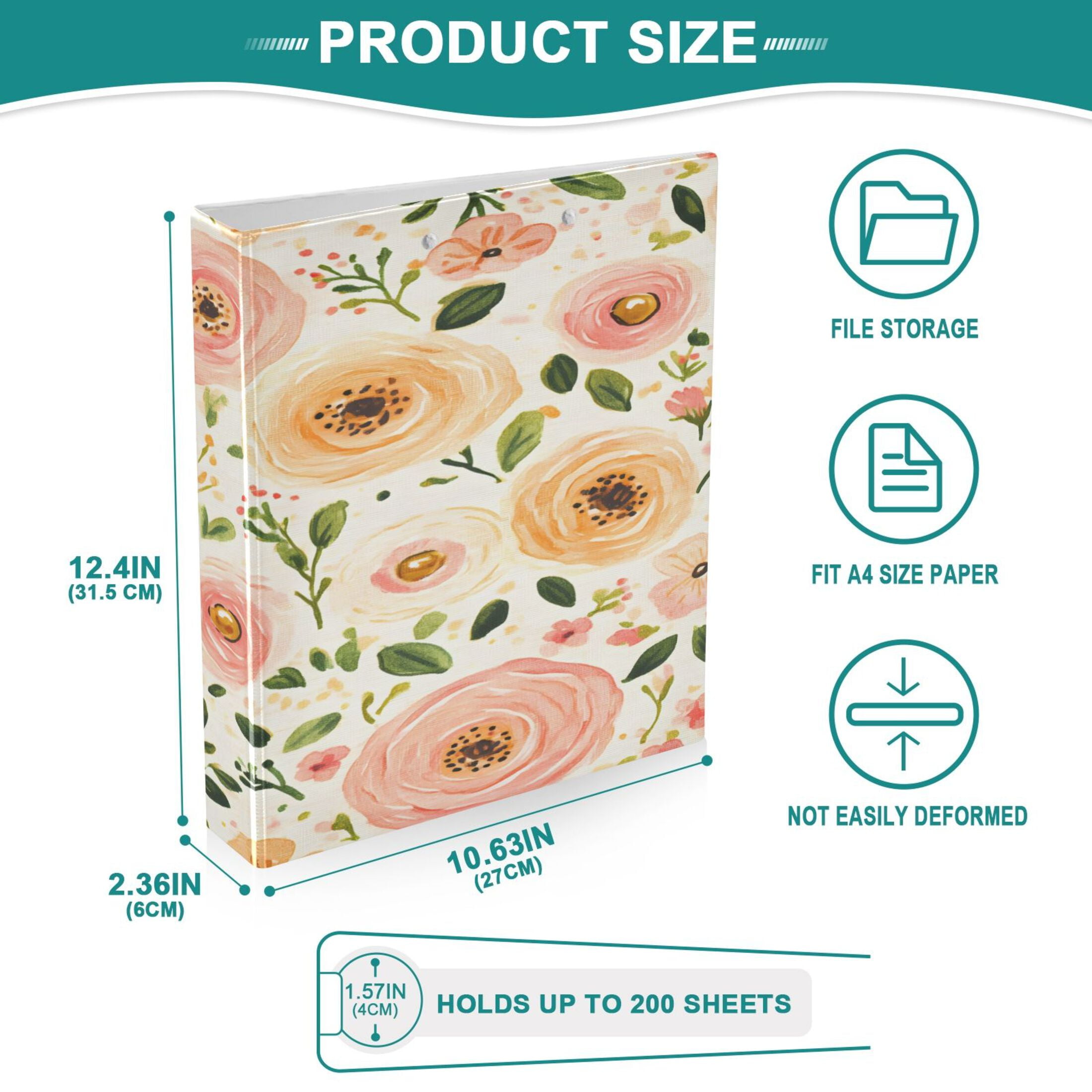 Soft Pink Floral Pattern 12.4x10.6in PVC Round Ring Binder, D-Ring 3-Hole, Metal Clip, 200 Sheets