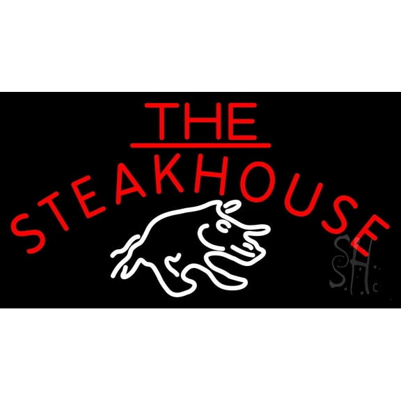 The Steakhouse With Symbol LED Neon Sign 13 x 24 - inches, Clear Edge Cut Acrylic Backing, with Dimmer - Bright and Premium built indoor LED Neon Sign for restaurant window and interior decor.