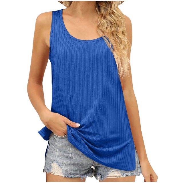 Womens Summer Solid Color Tank Tops Round Neck Ribbed Casual Sleeveless Shirts Side Split Ladies Basic Blouses Vest