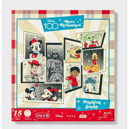 Boys Disney 100 Mickey Mouse 15 Days of Socks Advent Calendar S-M Shoe Size 9-2.5