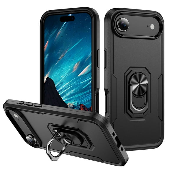 Phone Case Compatible with iPhone Air, Cover with Magnetic Ring Holder Stand Hybrid Rugged Shockproof Drop Proof Heavy Duty Cell Accessories for iPhone Air Women Men, Black/Black