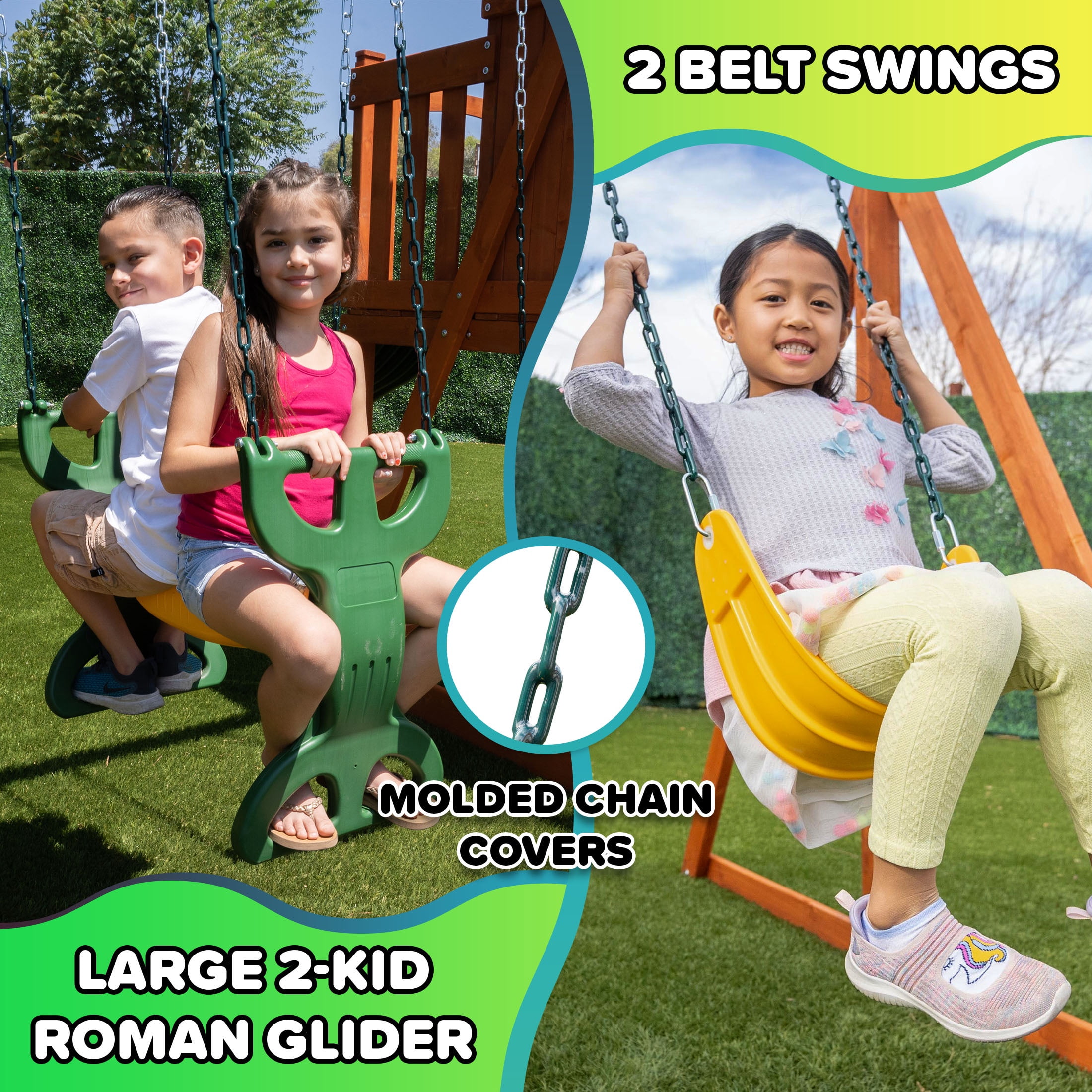 Sportspower Blue Ridge Wooden Swing Set with Roofed Clubhouse & Balcony, 2 Belt Swings, 2-Person Roman Glider, 8ft Slide, Sandbox, Rock Climber, FREE Anchors Included