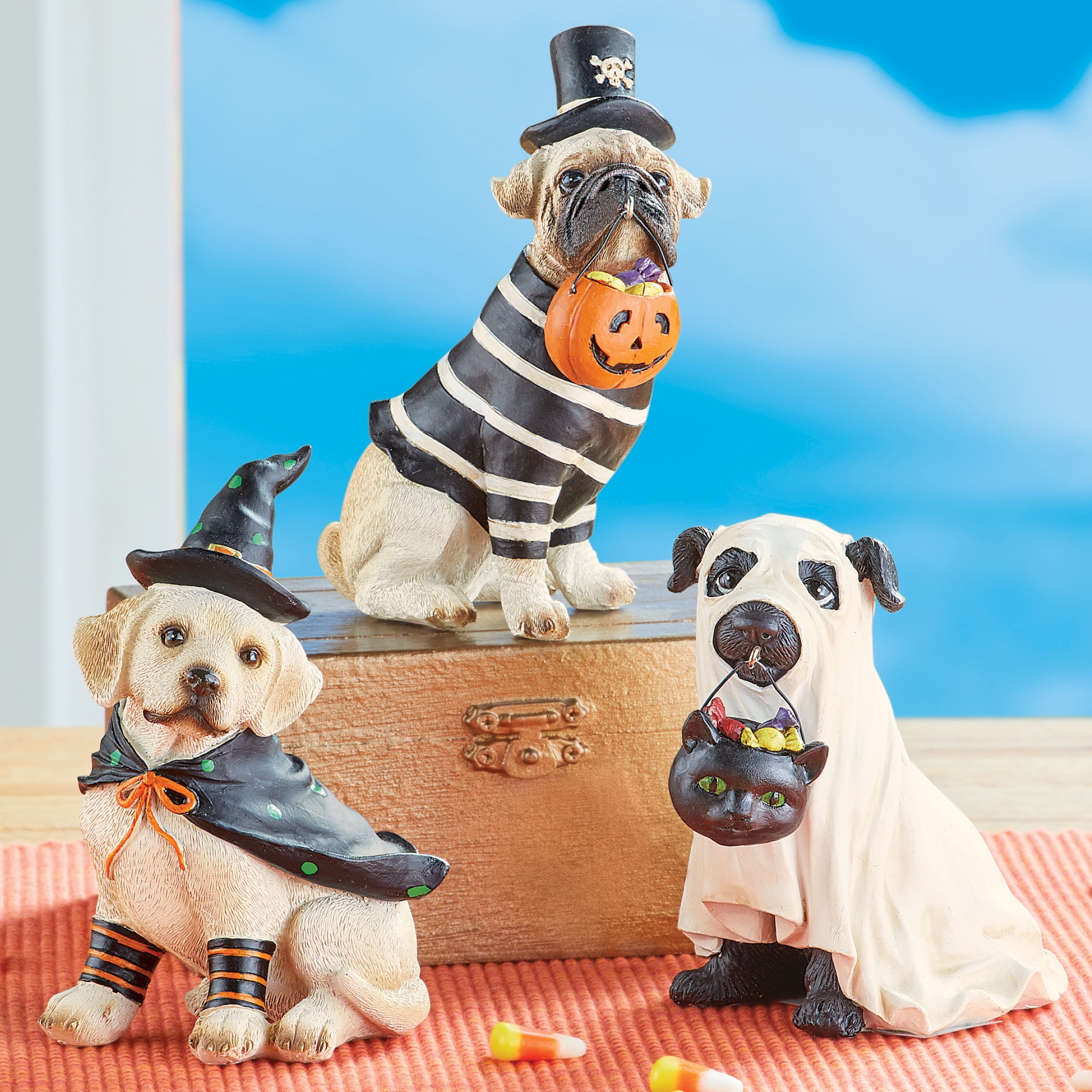 Halloween Dog Table Decor Figurines Dressed as a Witch, a Pirate and a