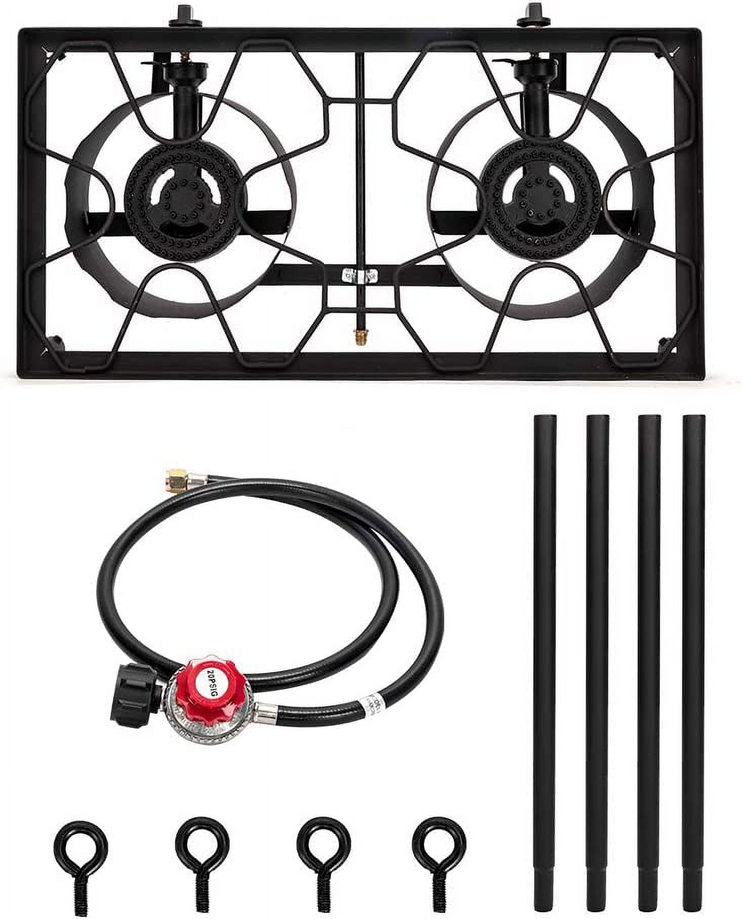 QXDRAGON Propane Double Burner Two Burner Camp Stove Outdoor High Pressure Propane 2 Burner Adjustable PSI Regulator and 4ft Leather Hose with Removable Legs