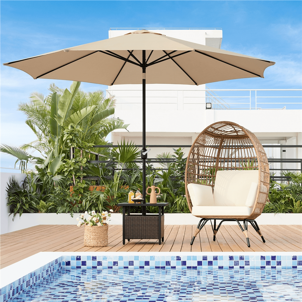 Alden Design PE Rattan Egg-shaped Basket Lounge Chair with 4 Cushions for Patio, Light Brown/ Ivory