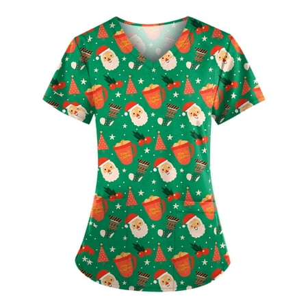 

OGLCCG Women s Scrub Tops Christmas Classic Fit V-Neck Short Sleeve Scrubs Medical Uniform Four-Way Stretch Anti-Wrinkle Nursing Shirt Workwear
